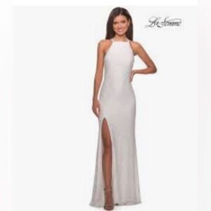 NEW La Femme white 27046 appliquéd and embellished sheath maxi gown dress 2
